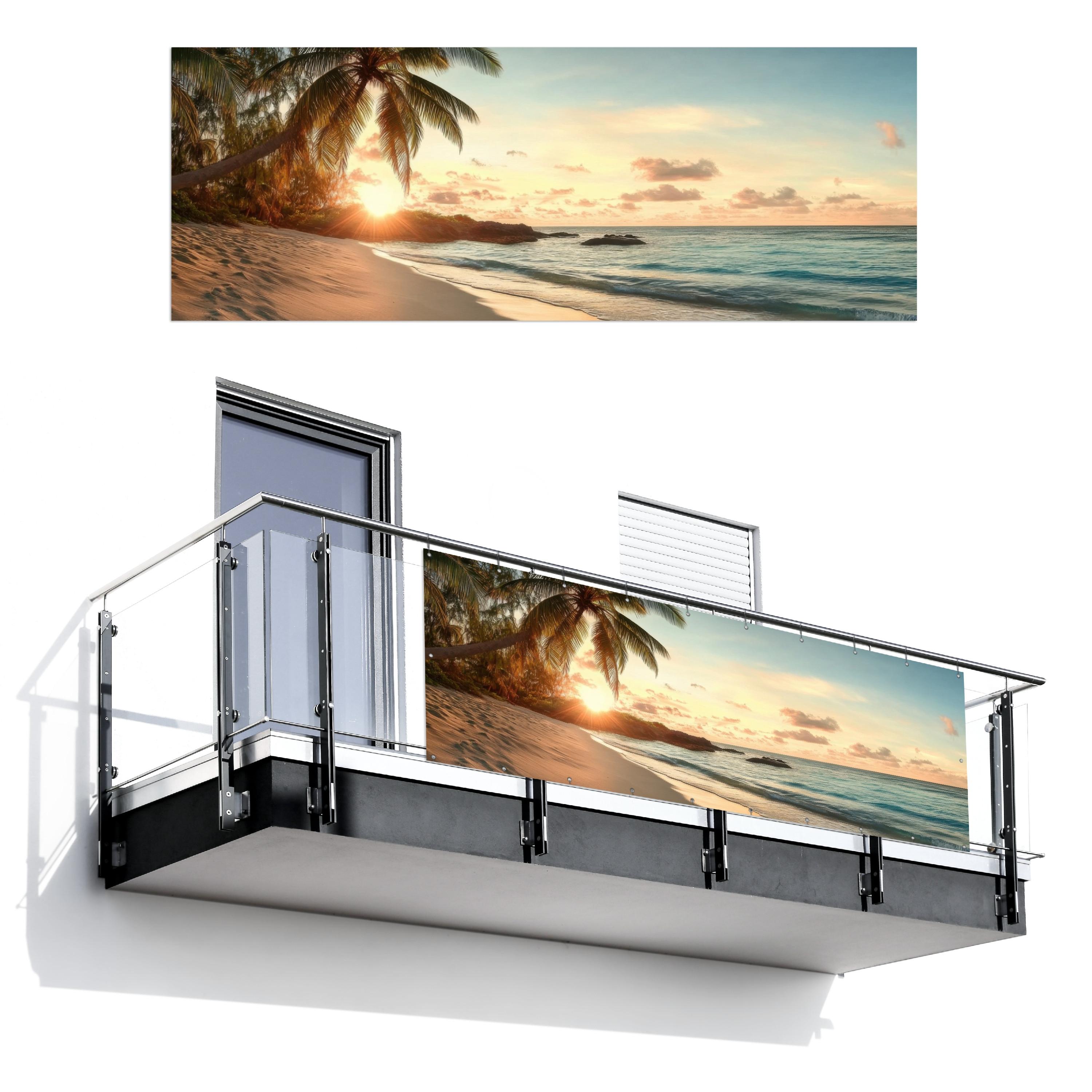 BALKON-SICHTSCHUTZ Strand - Palmen - Meer - Sonnenuntergang Balkon Deko 300x110 cm - Samtahornfarben, Kunststoff (300/110cm) - MuchoWow