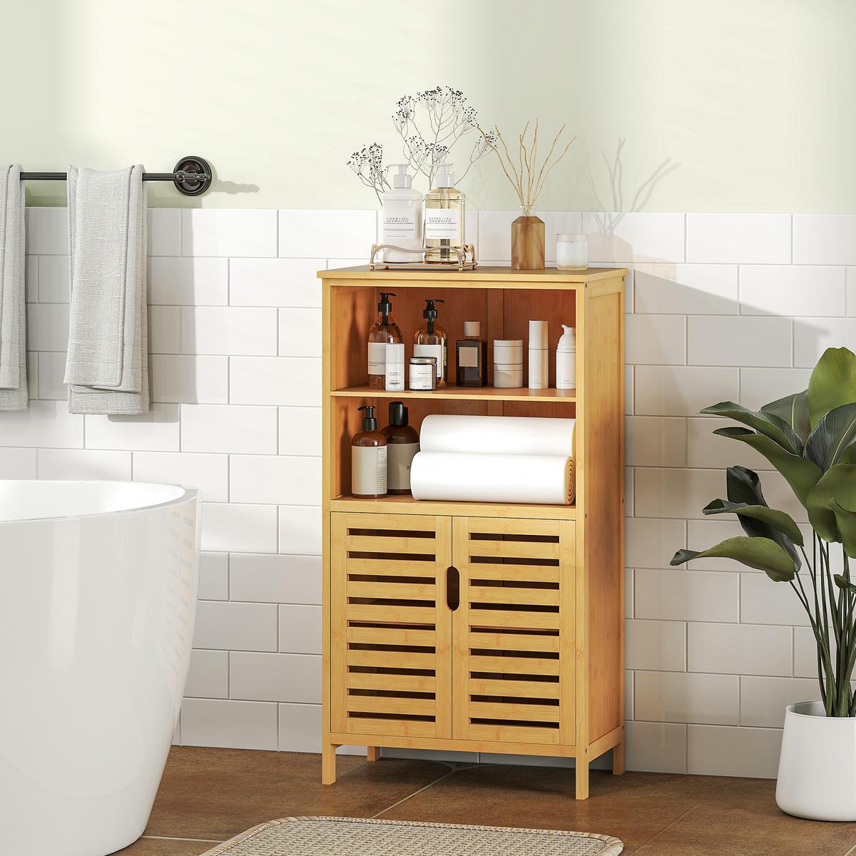 BADEZIMMERSCHRANK, Unterschrank aus Bambus, Badschrank mit Türen, Naturholz - Naturfarben, Holz/Bambusholz (29/92/50cm) - Kleankin