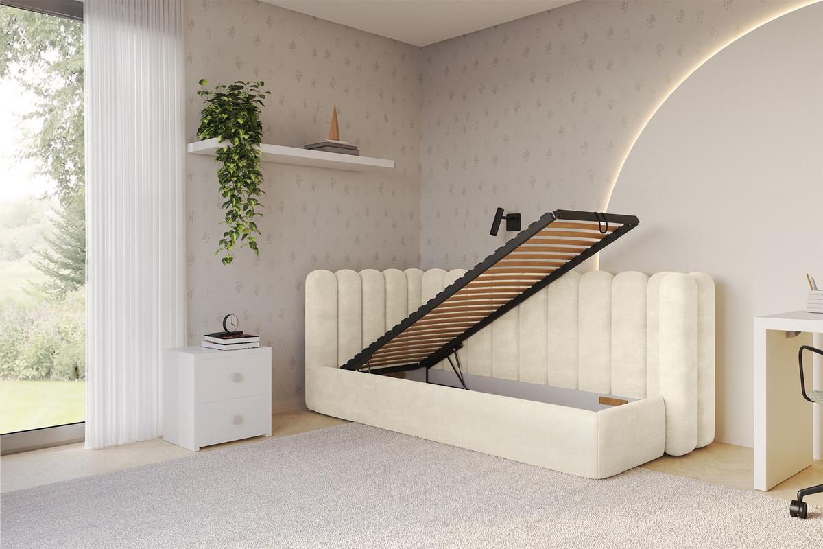 EINZELLBETT Jugendbett mit Bettkasten und Matratze H3/H4, Rechts - HUGY 100x200 Beige - Beige, Holzwerkstoff/Textil (100/200cm) - ALTDECOR