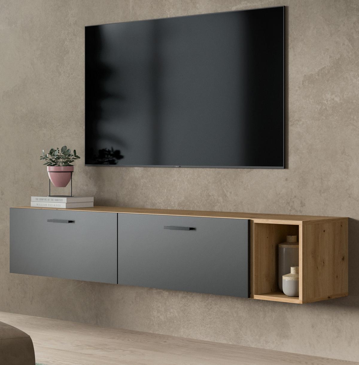 TV-LOWBOARD grau, Eiche Artisan 176 cm, TV Unterteil hängend / stehend - Schwarz/Eiche Artisan, Holzwerkstoff/Kunststoff (176/32/34cm) - Inn.Furn