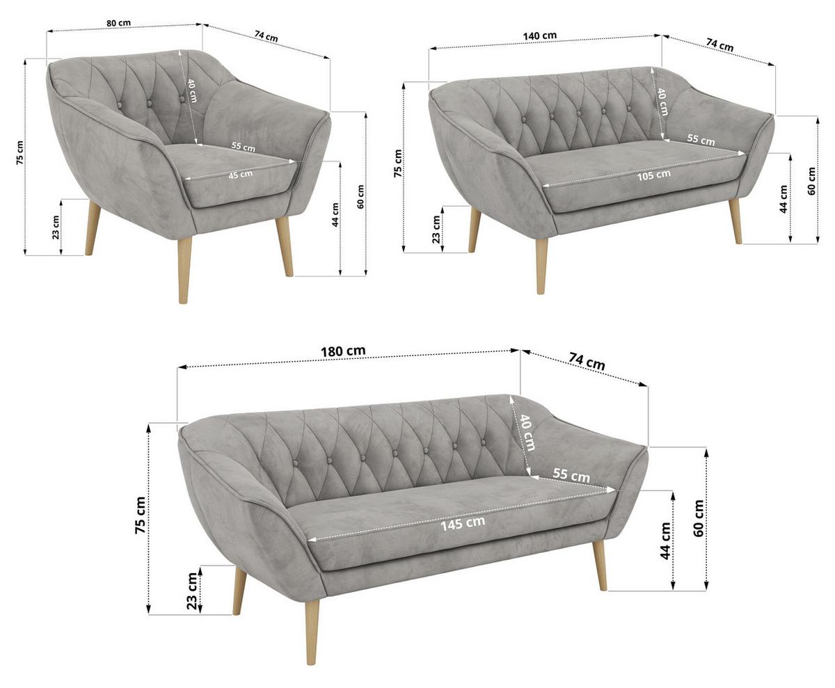SITZGARNITUR PIRS 3+2+1 - Hellgrau Velvet - Holzbeine - Buchefarben/Hellgrau, Holzwerkstoff/Textil (180/75/74cm) - MKS