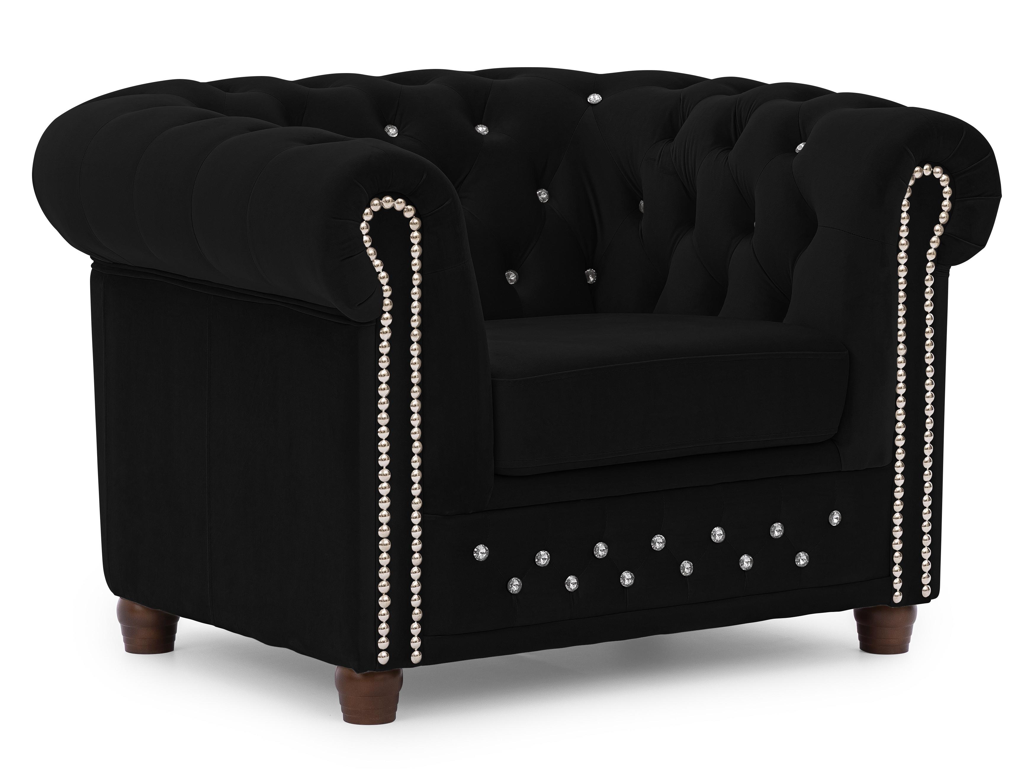CHESTERFIELD-SESSEL Cleo Blink Schwarz Samt mit Kristallsteppung und braunen Massivholzfüßen - Beige/Schwarz, Holz/Textil (104/72/86cm) - S-Style Möbel
