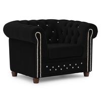 CHESTERFIELD-SESSEL Cleo Blink Schwarz Samt mit Kristallsteppung und braunen Massivholzfüßen - Beige/Schwarz, Holz/Textil (104/72/86cm) - S-Style Möbel
