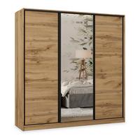 SCHWEBETÜRENSCHRANK TARI 180/205/58 cm 3-türig mit Spiegel und Schubladen Eiche Wotan - Eiche Wotan/Schwarz, Holzwerkstoff (180/205/58cm) - MASSENO