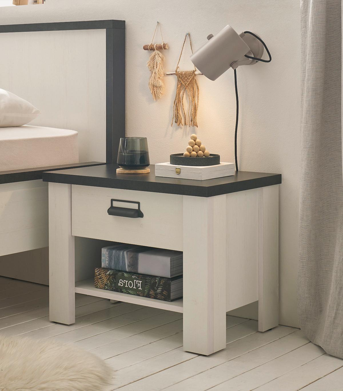 NACHTTISCH weiß Pinie und Anthrazit Landhaus, Nachtkommode mit Schubkasten 60 x 46 cm - Anthrazit/Weiß, Holzwerkstoff/Metall (60/46/39cm) - Furn.Design