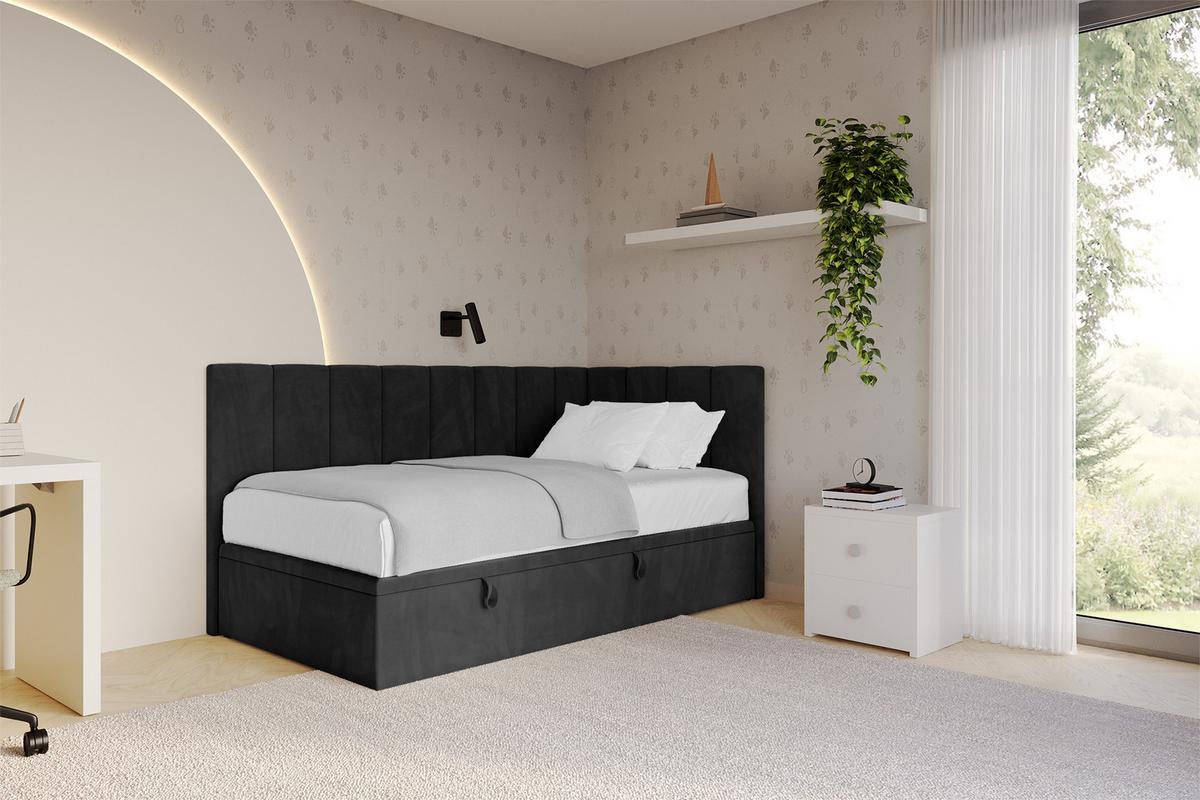 EINZELBETT Jugendbett mit Bettkasten Links, mit Matratze - LOVY 80x200 Schwarz - Schwarz, Holzwerkstoff/Textil (80/200cm) - ALTDECOR
