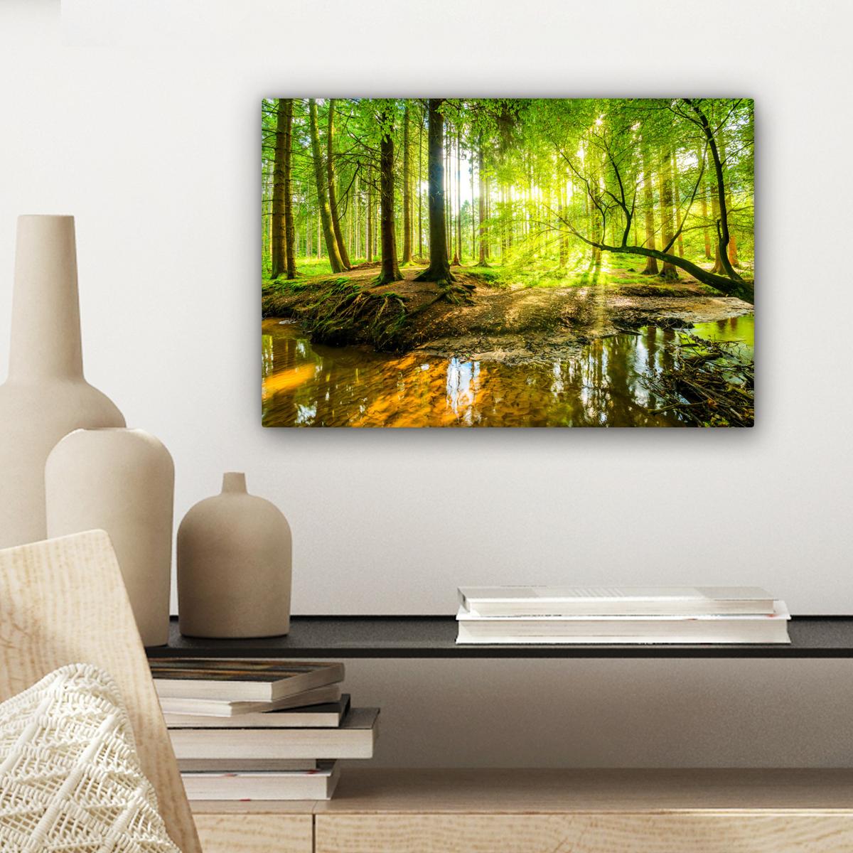 LEINWANDBILD Wald - Landschaft - Wasser - Bäume - Sonne - Grün - Natur Deko Schlafzimmer 30x20 cm - Grün, Textil (30/20cm) - MuchoWow