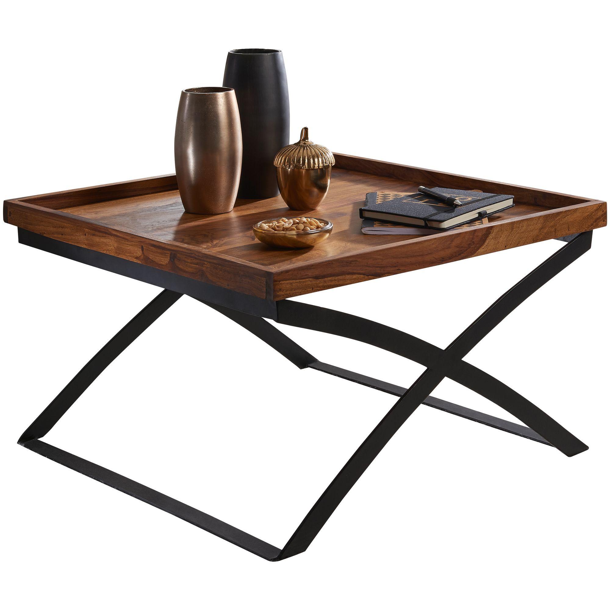 COUCHTISCH Sheesham-Massivholz/Metall Industrial-Style 63x39x63cm Braun/Schwarz - Schwarz/Braun, Holz/Metall (63/63/39cm) - KADIMA DESIGN