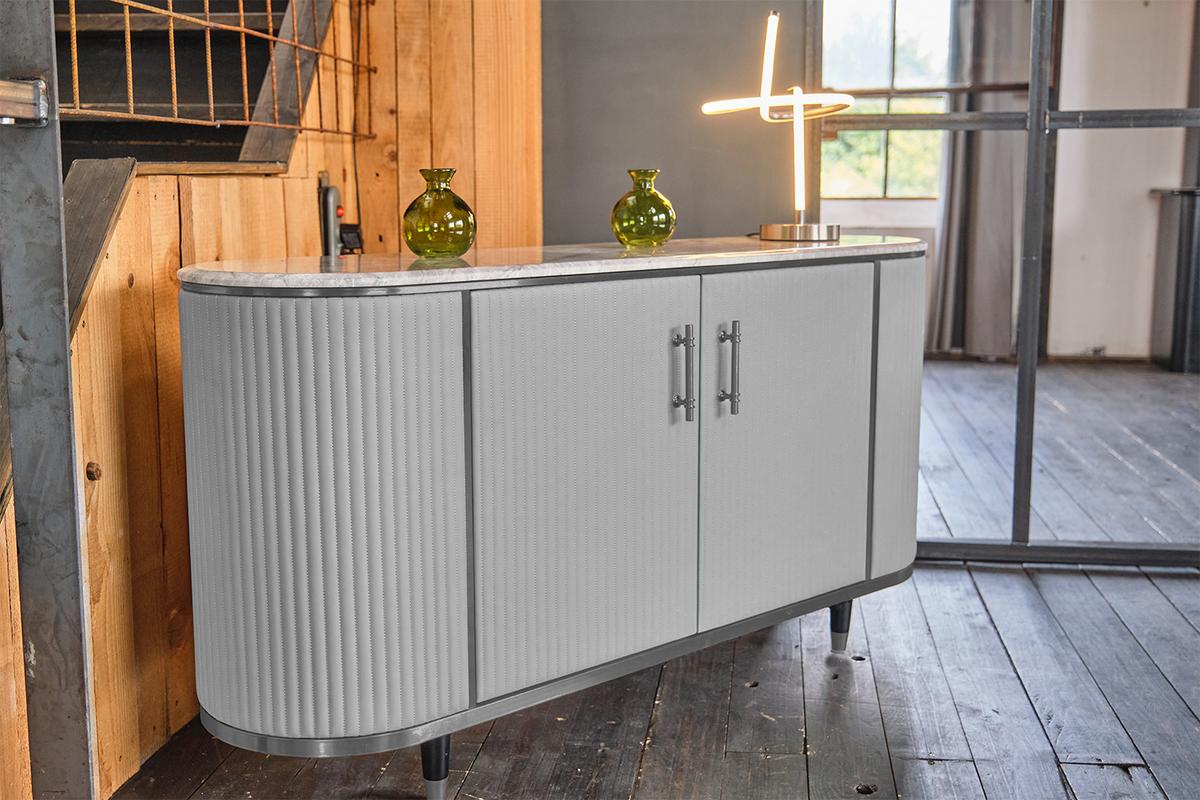 SIDEBOARD MARIA Grau Kunstleder, Marmor - Schwarz/Grau, Textil/Metall (150/76/40cm) - KAWOLA