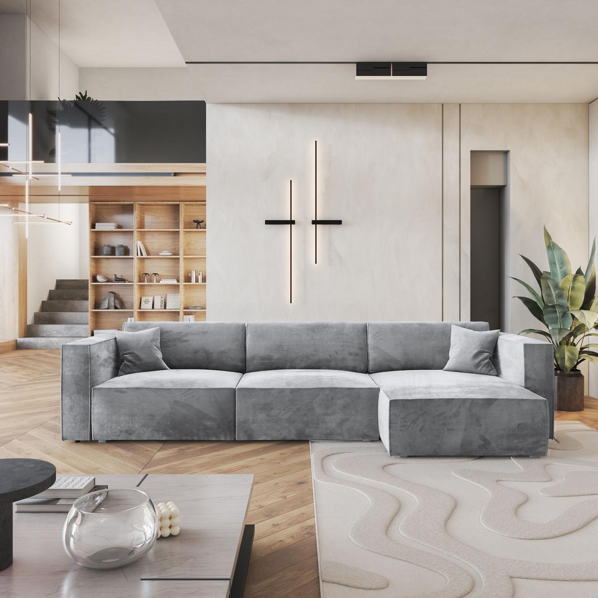 ECKSOFA TOLMO M Hellgrau Velours-Stoff mit Schlaffunktion - Hellgrau/Grau, Holz/Kunststoff (347/148cm) - MASSENO