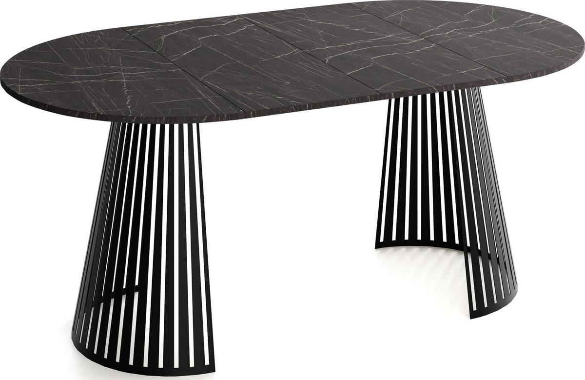 ESSTISCH Naro rund ausziehbar mit Schwarzem Lamellen-Metallgestell, Marmor Schwarz 120-200/120/76 cm - Anthrazit/Schwarz, Holzwerkstoff/Metall (120/196/76cm) - WFL GROUP