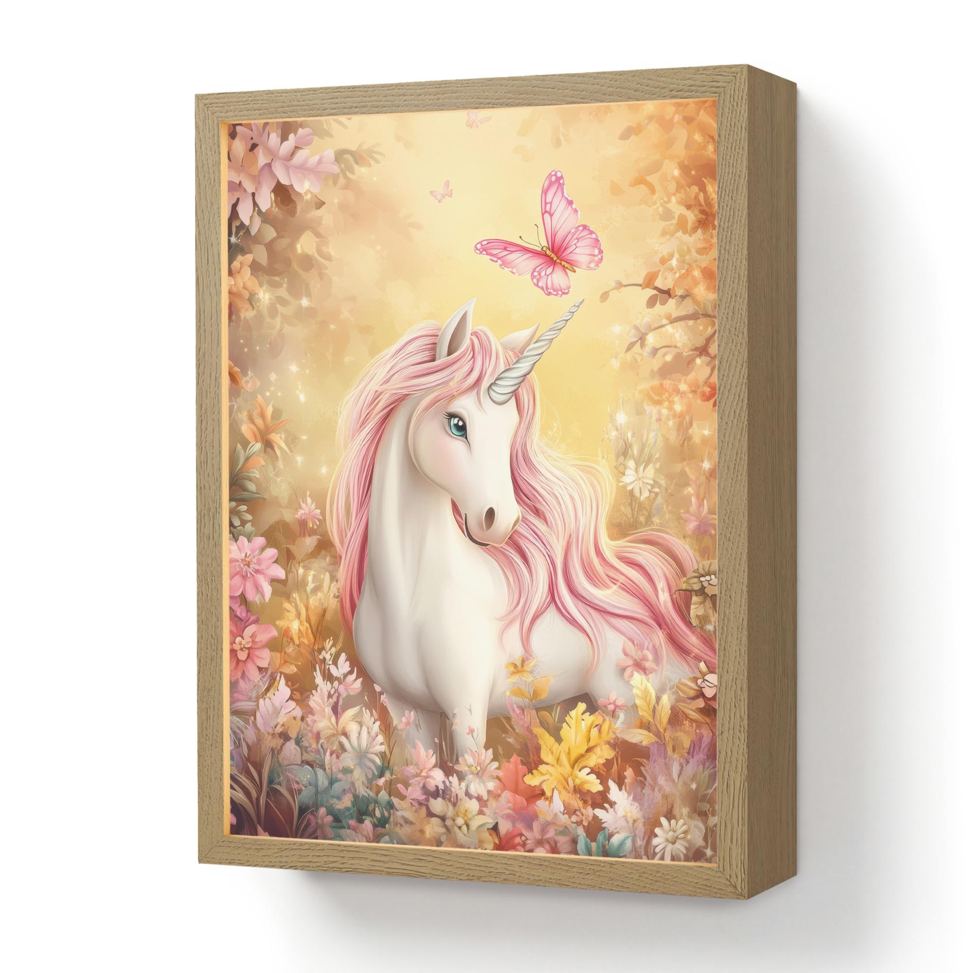 WANDLEUCHTE MIT AKKU Einhorn - Blumen - Schmetterling - Rosa 30x40 cm - Beige, Holzwerkstoff (30/40/8cm) - OnlyWow