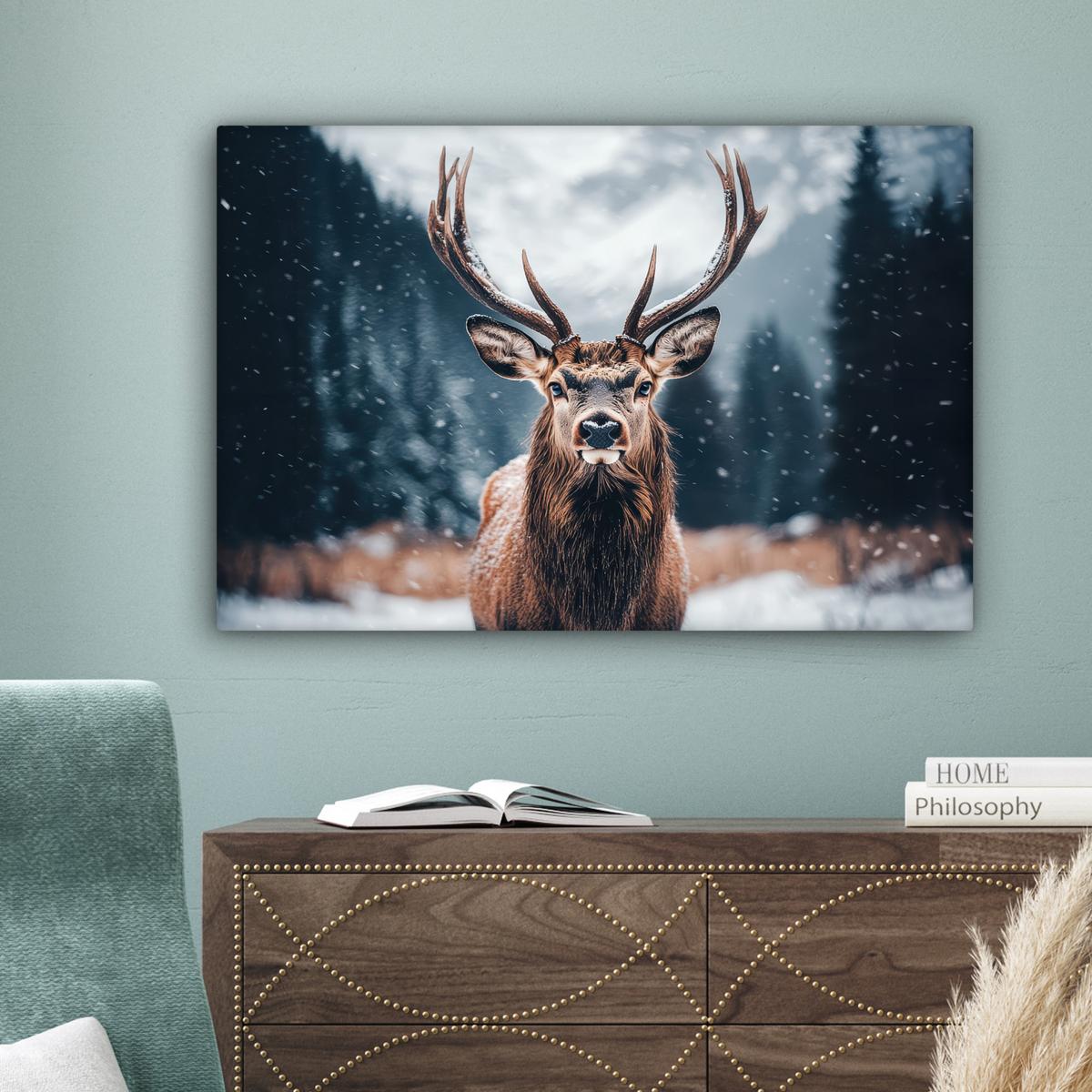 LEINWANDBILD Hirsche - Tiere - Landschaft - Winter - Schnee Wanddeko 90x60 cm - Kastanienfarben, Textil (90/60cm) - MuchoWow