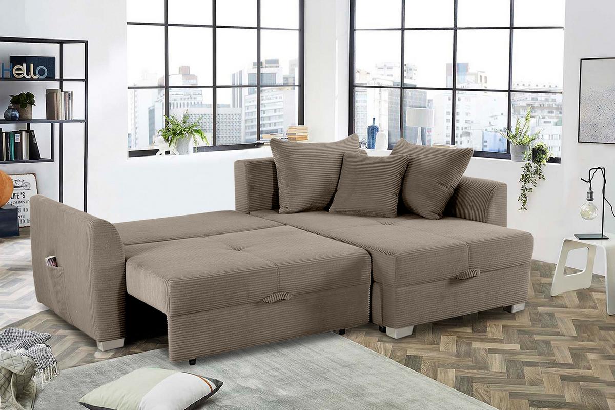 ECKSOFA mit Schlaffunktion und Bettkasten, seitenverkehrt montierbar B236/T160/H81 cm, Liegefl. 142x202 cm, Cord Braun Taupe / 15208 - Chromfarben/Braun, Kunststoff/Textil (236/160cm) - luma-home