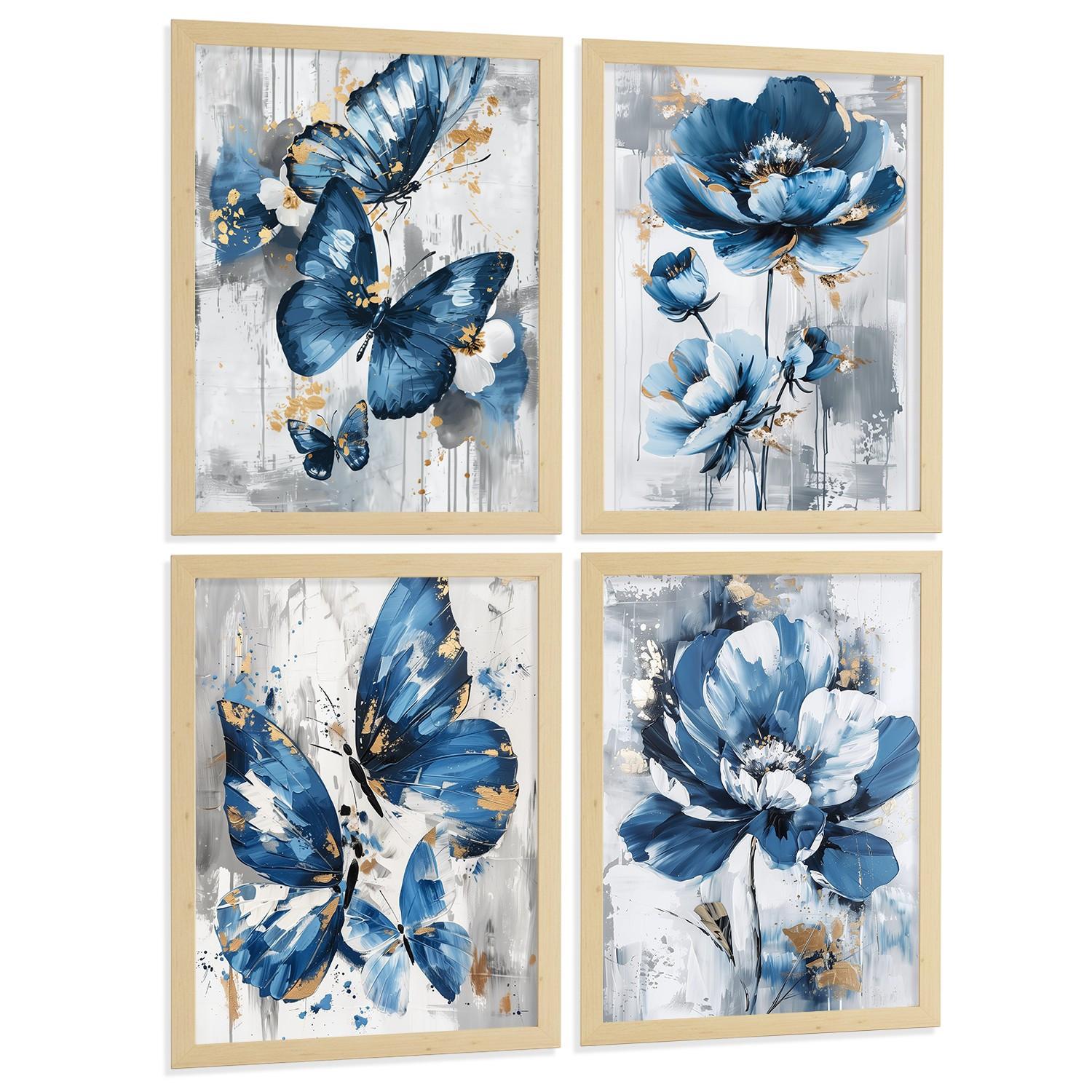 POSTER 4er Kunstdruck-Set Wandbilder Blumen Blau Schmetterlinge modern Wohnzimmer Deko, Schlafzimmer, Küche, Badezimmer Rahmenlos A3 - Beige, Papier (29.7/1/42cm) - Nacnic