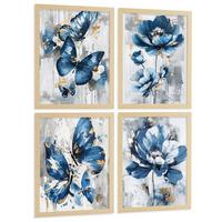 POSTER 4er Kunstdruck-Set Wandbilder Blumen Blau Schmetterlinge modern Wohnzimmer Deko, Schlafzimmer, Küche, Badezimmer Rahmenlos A3 - Beige, Papier (29.7/1/42cm) - Nacnic