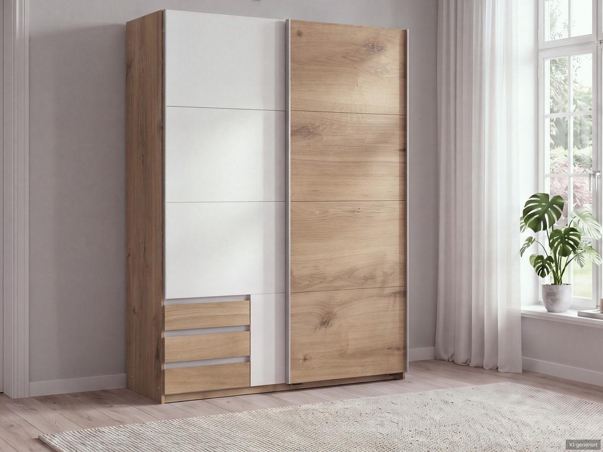 SCHWEBETÜRENSCHRANK 2-türig B135/H198/T65 cm, Kleiderschrank mit sichtbaren Schubkästen in Eiche Dekor, 1x Tür in Weiß / 22663 - Eichefarben/Alufarben, Holz/Holzwerkstoff (135/198/65cm) - luma-home