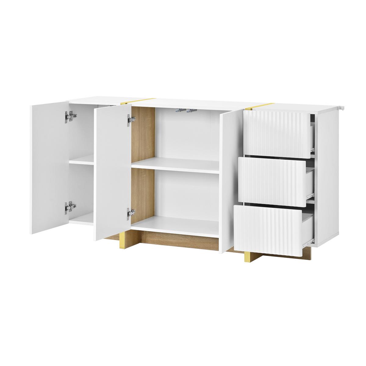 SIDEBOARD Weiß 140cm Rillenfront mit 3 Türen 3 Schubladen & Gold-Details - Weiß, Holzwerkstoff (140/75/36cm) - Urban Meuble