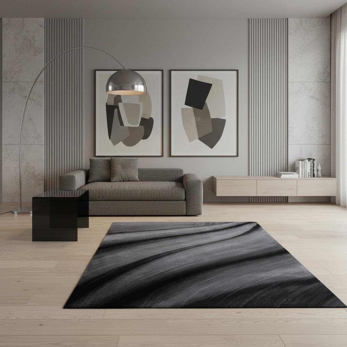 KURZFLORTEPPICH ASPEN, mit abstraktem Wellenmuster, Schwarz, 120 x 170 cm - Schwarz, Textil (120/170cm) - KADIMA DESIGN