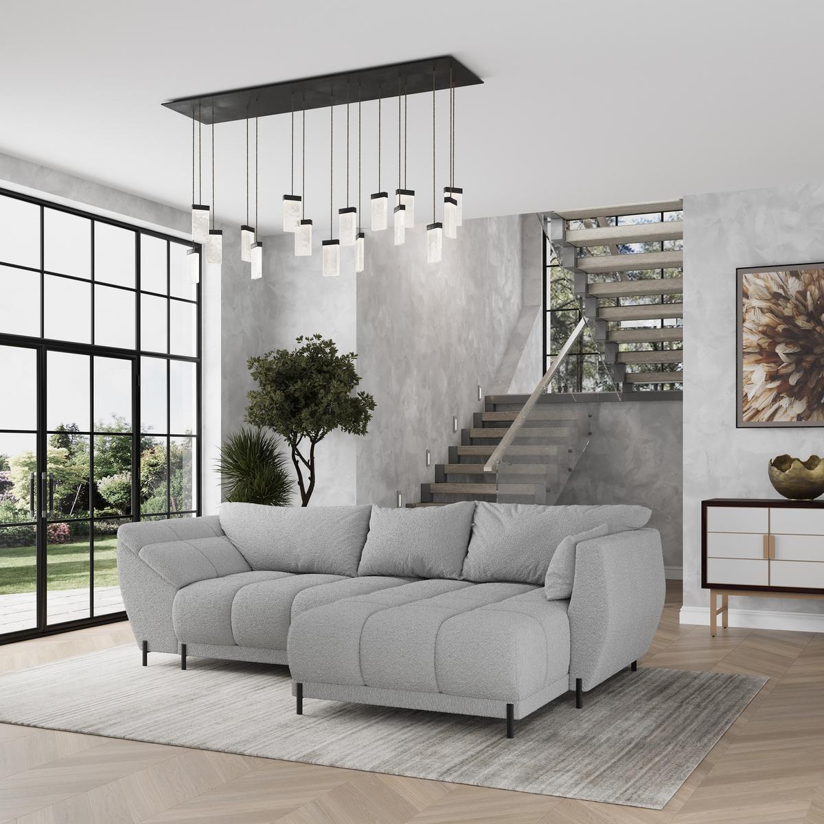 ECKSOFA VESTANO R-S Hellgrau Boucle-Stoff mit Schlaffunktion - Hellgrau, Holz (287/182cm) - MASSENO