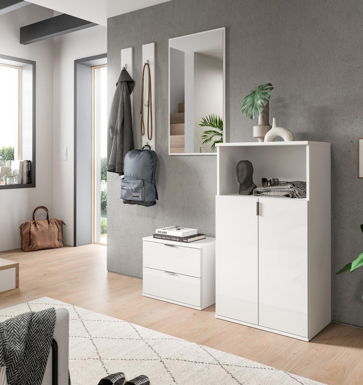 GARDEROBENBANK weiß Hochglanz 52 x 42 cm, Schuhschrank mit Schubladen - Chromfarben/Weiß Hochglanz, Holzwerkstoff/Kunststoff (52/42/34cm) - Inn.Furn