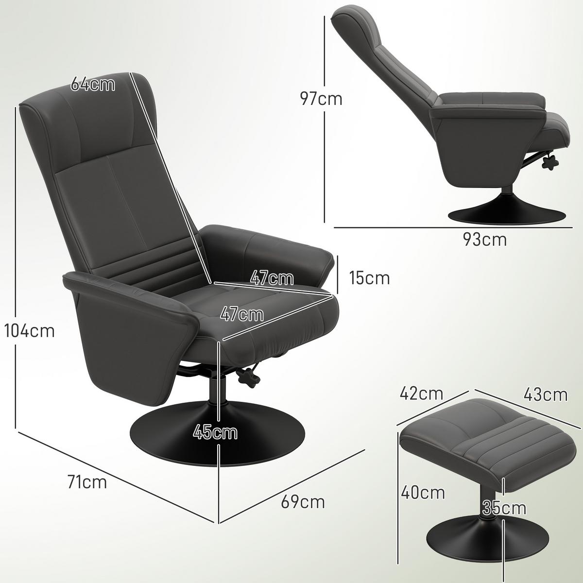 RELAXSESSEL mit Hocker Drehbarer Fernsehsessel mit Liegefunktion Mikrofasertuch - Schwarz, Textil/Metall (71/104/69cm) - HOMCOM