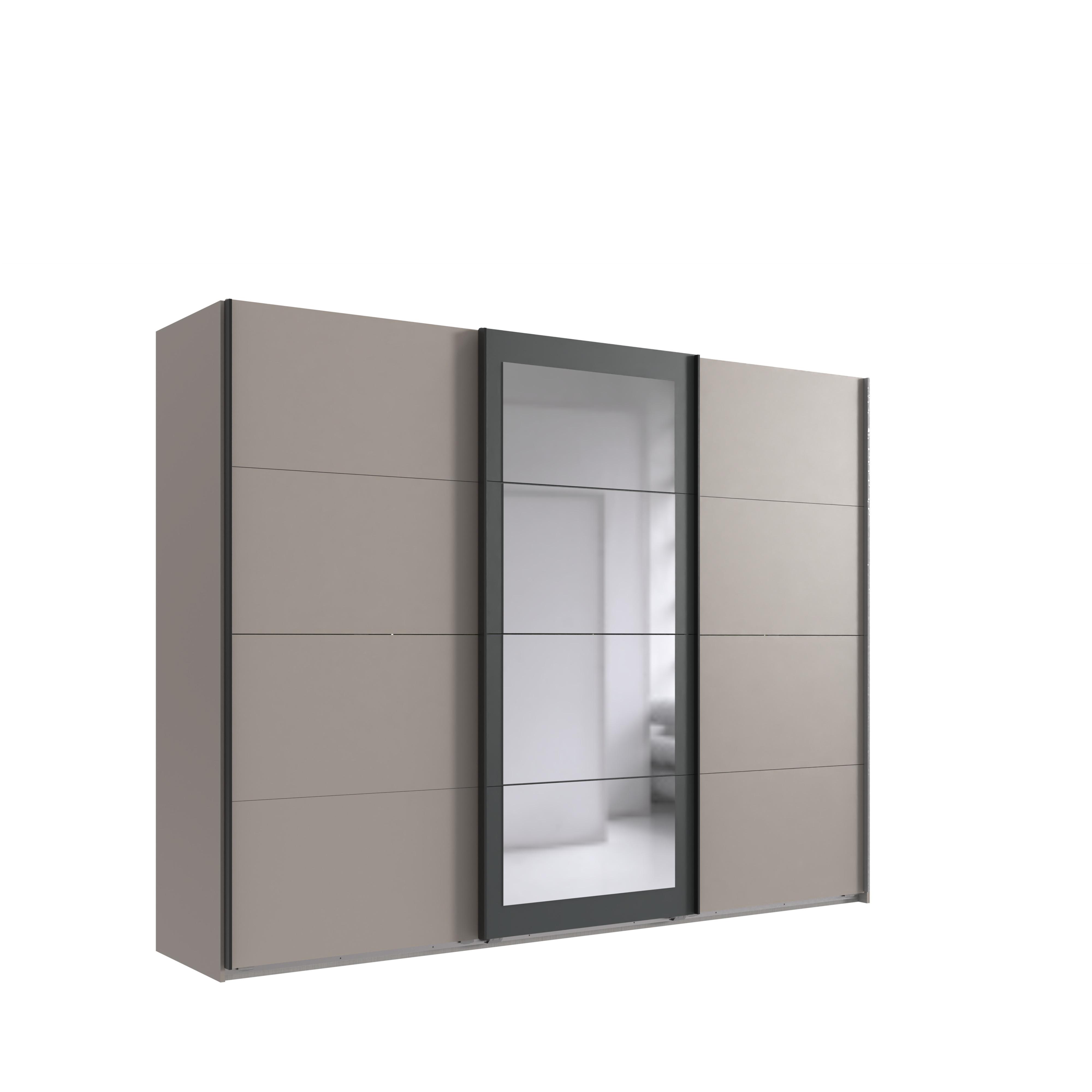 SCHWEBETÜRENSCHRANK 3-türig B270/H210/T65 cm, Spiegeltür, Kleiderschrank in Sandgrau mit Absetzungen in Anthrazit / 22007 - Sandfarben/Anthrazit, Holzwerkstoff/Metall (270/208/65cm) - luma-home