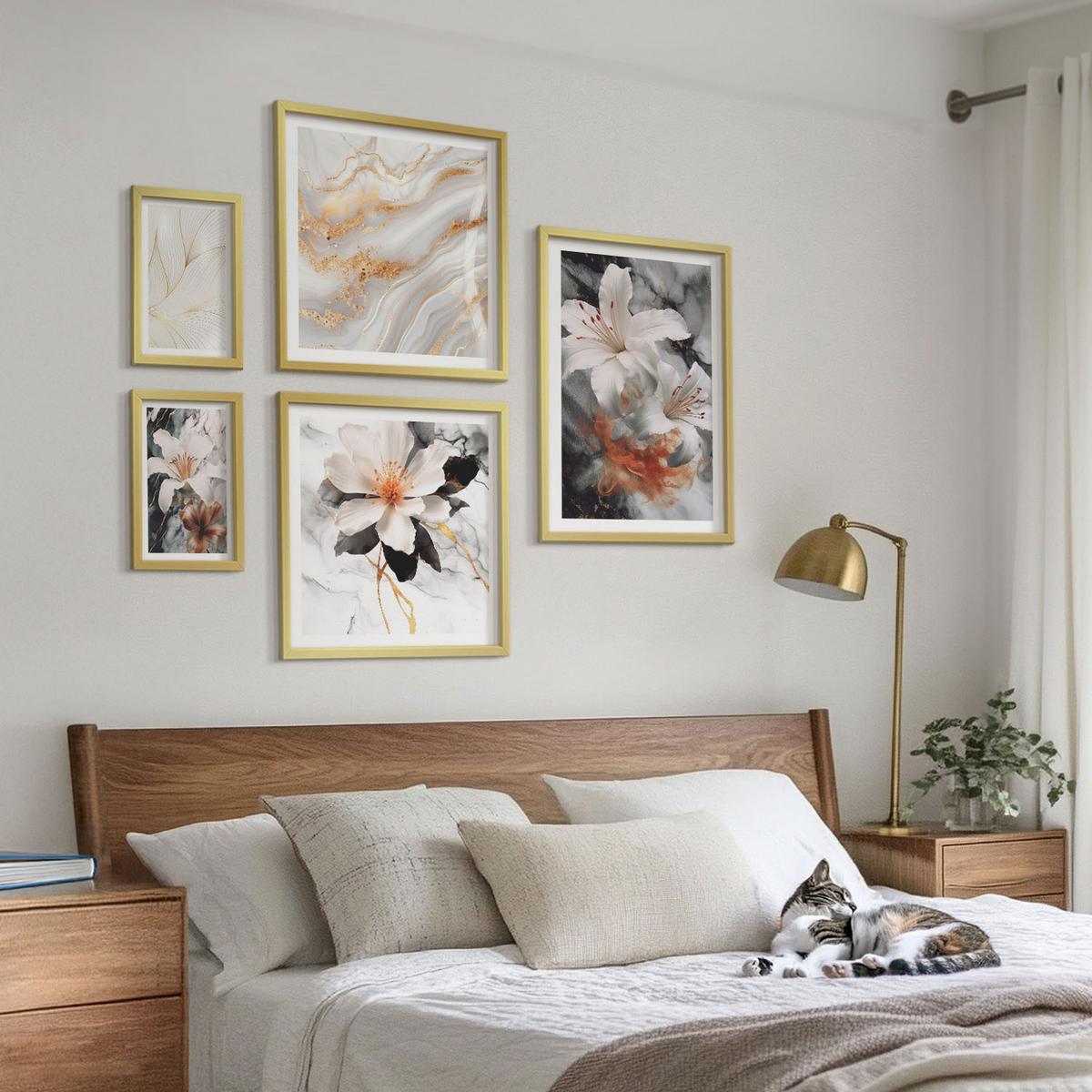 BILDER SET 5er Set - 50x50 cm & 20x30 cm & 40x60 cm Goldrahmen - Blumen Marmor weiß schwarz - Goldfarben, Kunststoff (40/60cm) - TULUP