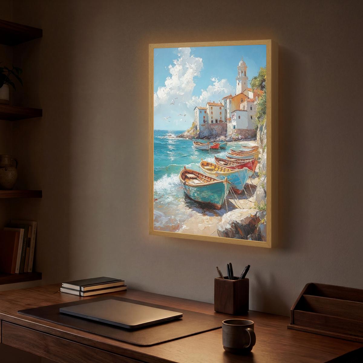 WANDLEUCHTE MIT AKKU Boote - Felsen - Meer - Sonne 40x60 cm - Blau, Holzwerkstoff (40/60/8cm) - OnlyWow