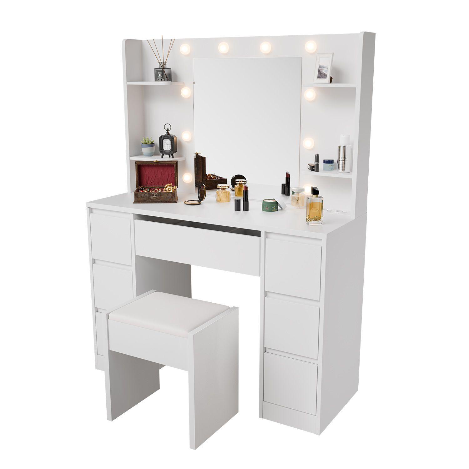 SCHMINKTISCH Malia mit LED und Hocker Melly - Weiß, Holz (107/140/40cm) - Juskys