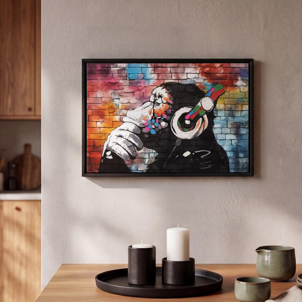 LEINWAND Bilder mit Rahmen - Affe - Graffiti - Musik - 30x20 - Multicolor, Textil (30/20cm) - MuchoWow