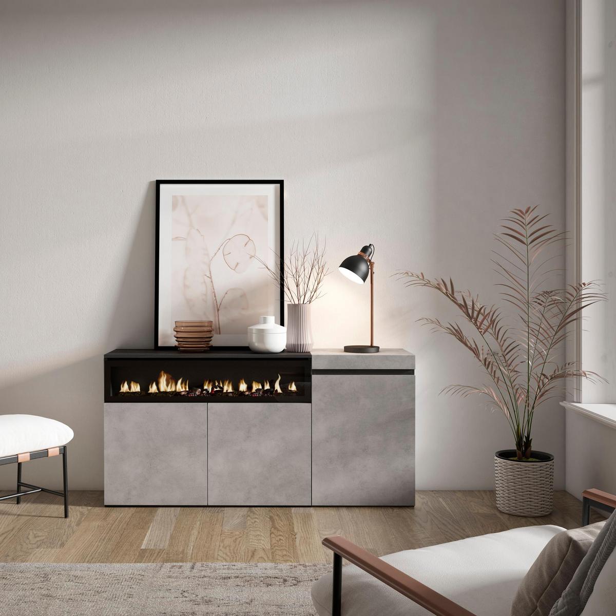 SIDEBOARD Elektrokamin, zementgrau, 150/35/75cm - Grau, Holzwerkstoff (150/75/35cm) - Skraut Home