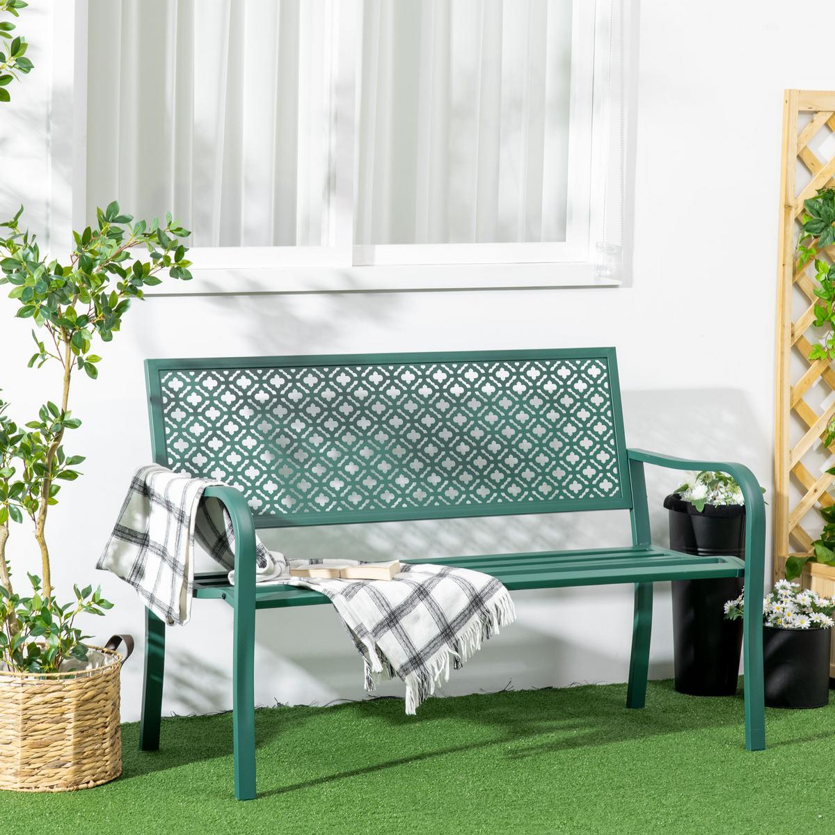 SITZBANK MIT BLUMENMUSTER, max. 240 kg, 127 x 63 x 83 cm, Stahl, Dunkelgrün - Dunkelgrün, Metall (63/83/127cm) - Outsunny