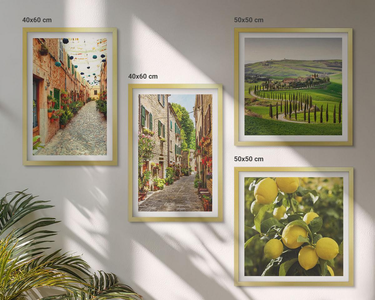 BILDER SET 4er Set - 50x50 cm & 40x60 cm Goldrahmen - Bezaubernde Straßen voller Zitronenblüten - Goldfarben, Kunststoff (50/50cm) - TULUP