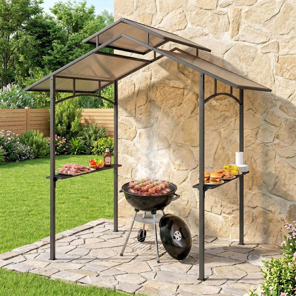 GRILLPAVILLON mit Flammschutzdach 2,5 x 1,5m BBQ-Pavillon mit 2 Ablagen Stahl PC - Schwarz, Metall (150/250/240cm) - Outsunny