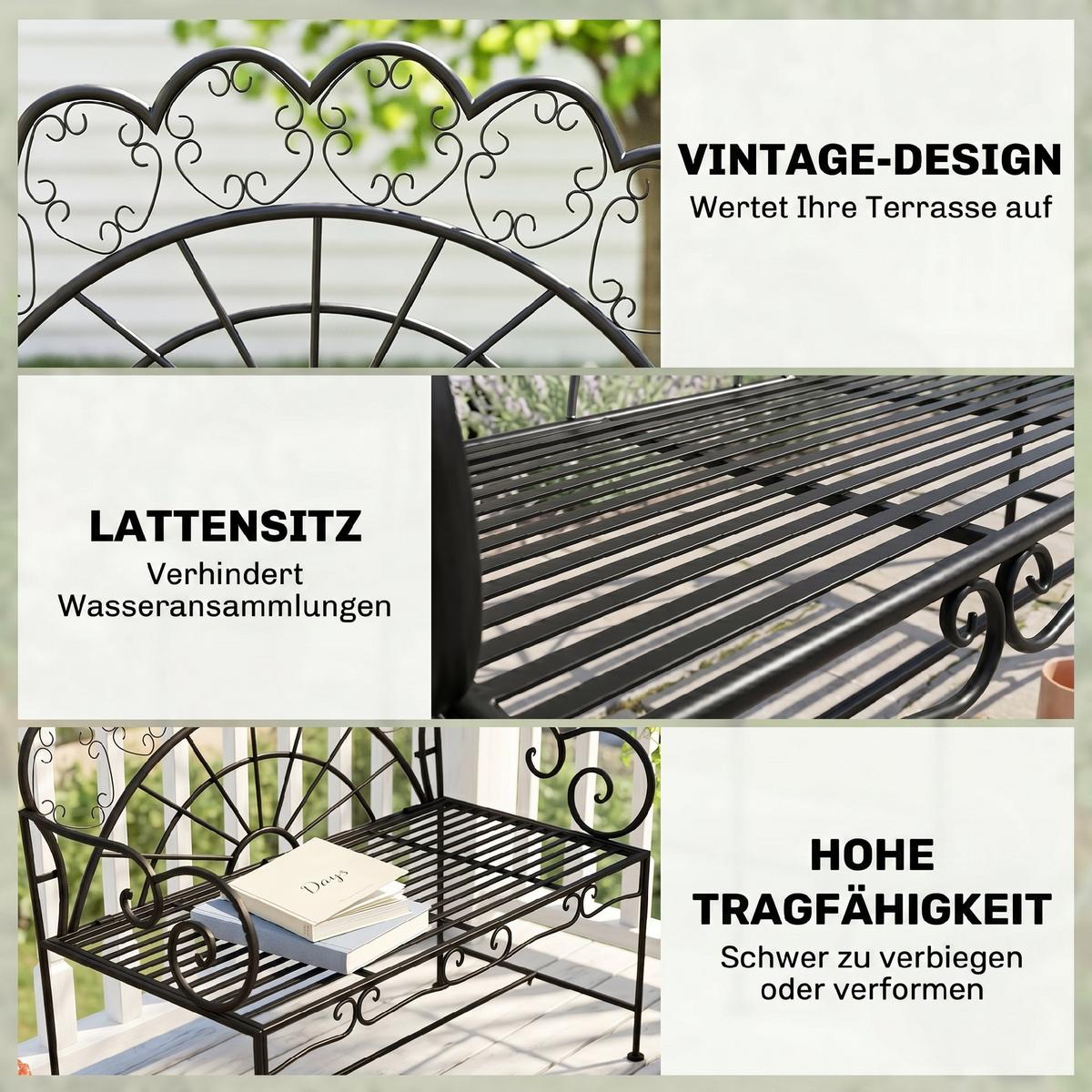 GARTENBANK, 107cm x 55,5cm x 90,5cm, Metall, Schwarz - Schwarz, Metall (55.5/92/107cm) - Outsunny