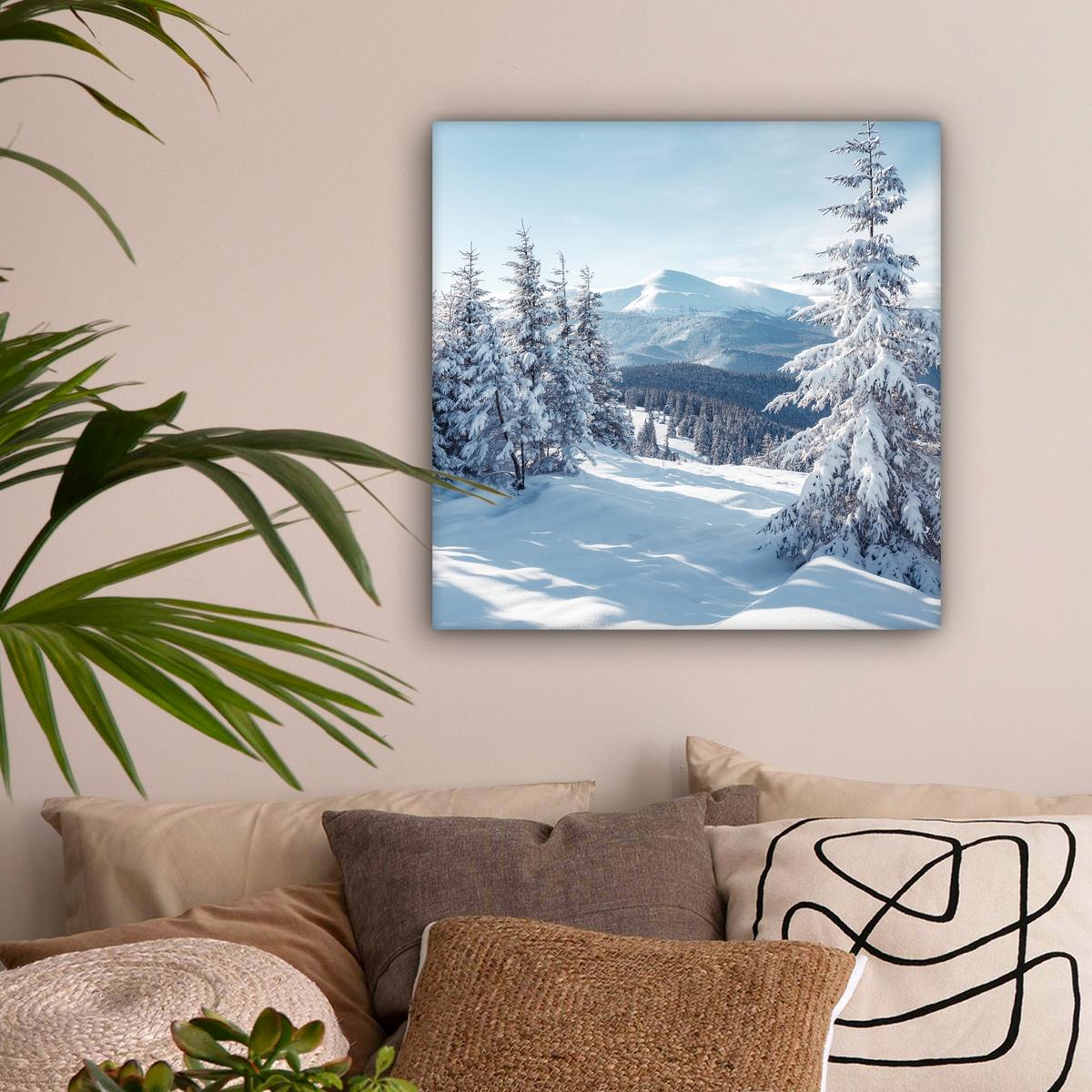 LEINWANDBILD Winterlandschaft - Natur - Berge - Bäume - Schnee Wandbild Wohnzimmer 50x50 cm - Hellblau, Textil (50/50cm) - MuchoWow