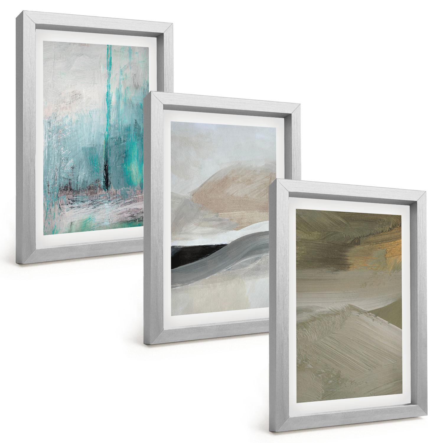 BILDER SET 3er Set - 20x30 cm Silberner Rahmen - Gemalte abstrakte Dekorationen - Silberfarben, Kunststoff (20/30cm) - TULUP