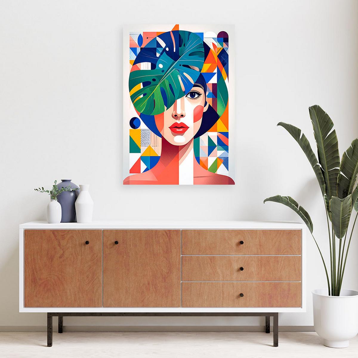 LEINWANDBILD Frau mit Monstera-Blättern im Bauhaus-Stil 40x60cm - Multicolor, Textil (40/60cm) - Feeby