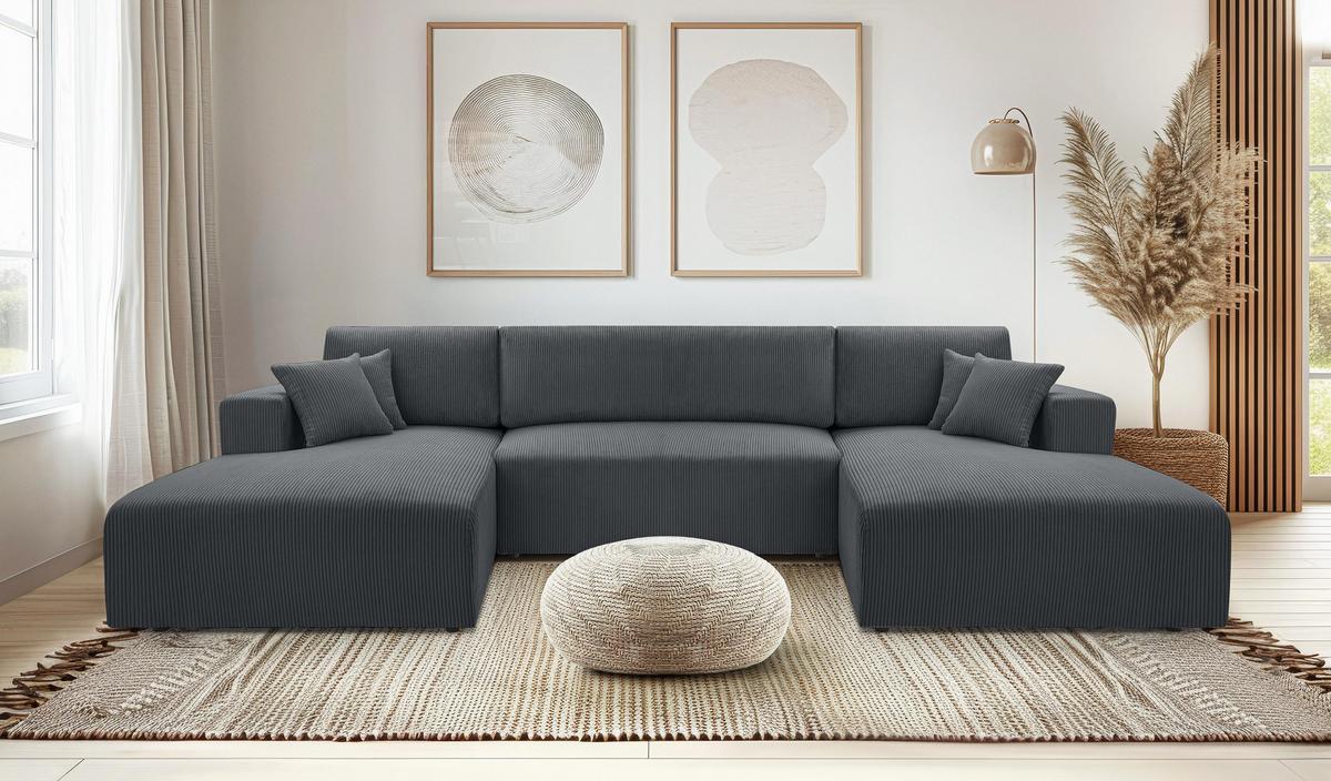 WOHNLANDSCHAFT Catea Grau 364/145/85 cm mit Schlaffunktion - Schwarz/Grau, Kunststoff/Textil (364/84/145cm) - AX Living