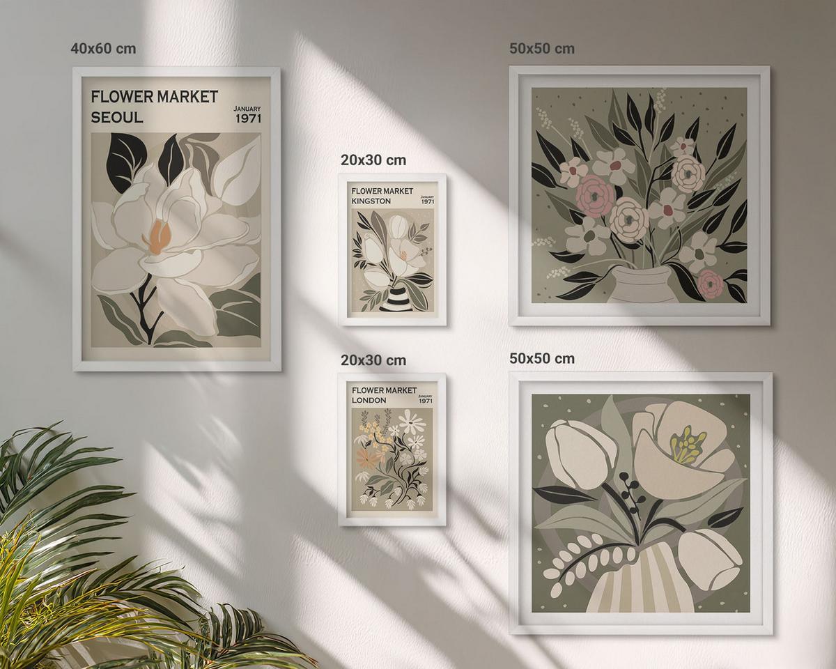 BILDER SET 5er Set - 50x50 cm & 20x30 cm & 40x60 cm Weißer Rahmen - Retro-Blumen aus Städten rund um die Welt - Weiß, Kunststoff (40/60cm) - TULUP