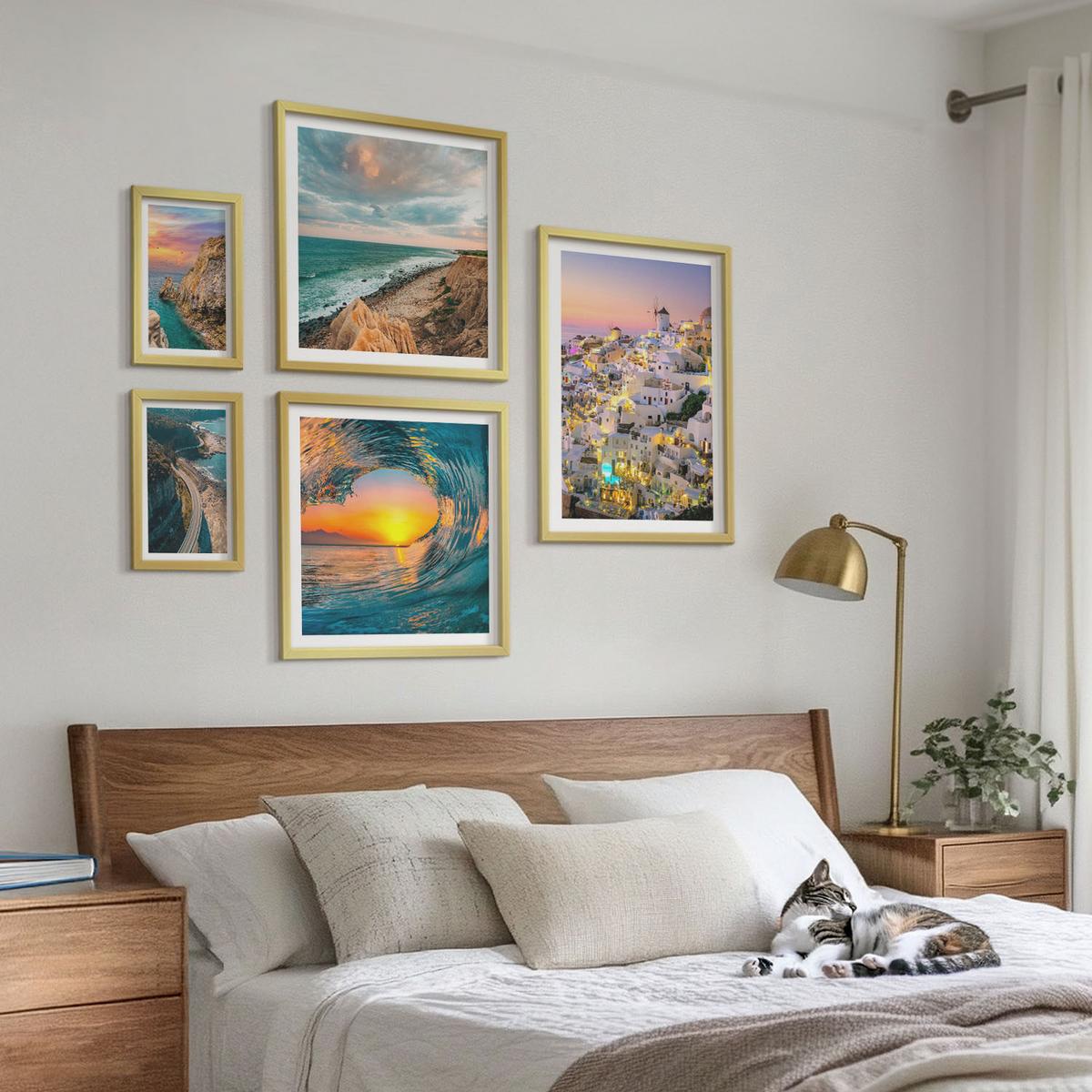 BILDER SET 5er Set - 50x50 cm & 20x30 cm & 40x60 cm Goldrahmen - Meereswellen, weiße Häuser, Santorini - Goldfarben, Kunststoff (40/60cm) - TULUP