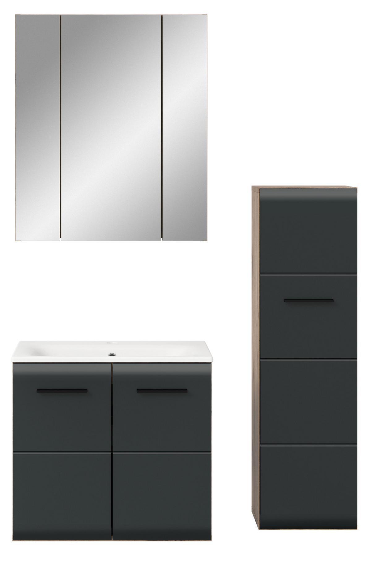 BADMÖBEL-SET 3-teilig Schwarz matt und Eiche, Badezimmer Komplett-Set mit Waschbecken, 105 x 185 cm - Eichefarben/Schwarz, Glas/Keramik (105/185/46cm) - Inn.Furn