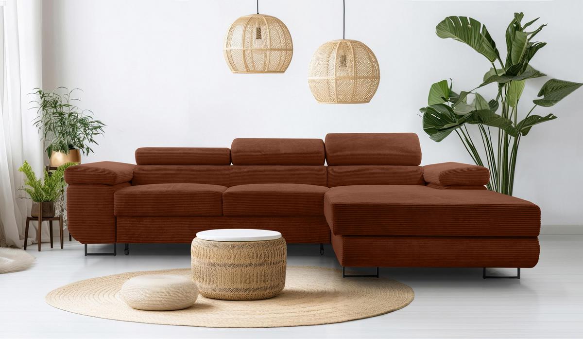ECKSOFA L Form Arborio Ziegelrot 280/203/90 cm Rechts mit Schlaffunktion - Schwarz/Orange, Textil/Metall (280/203cm) - AX Living