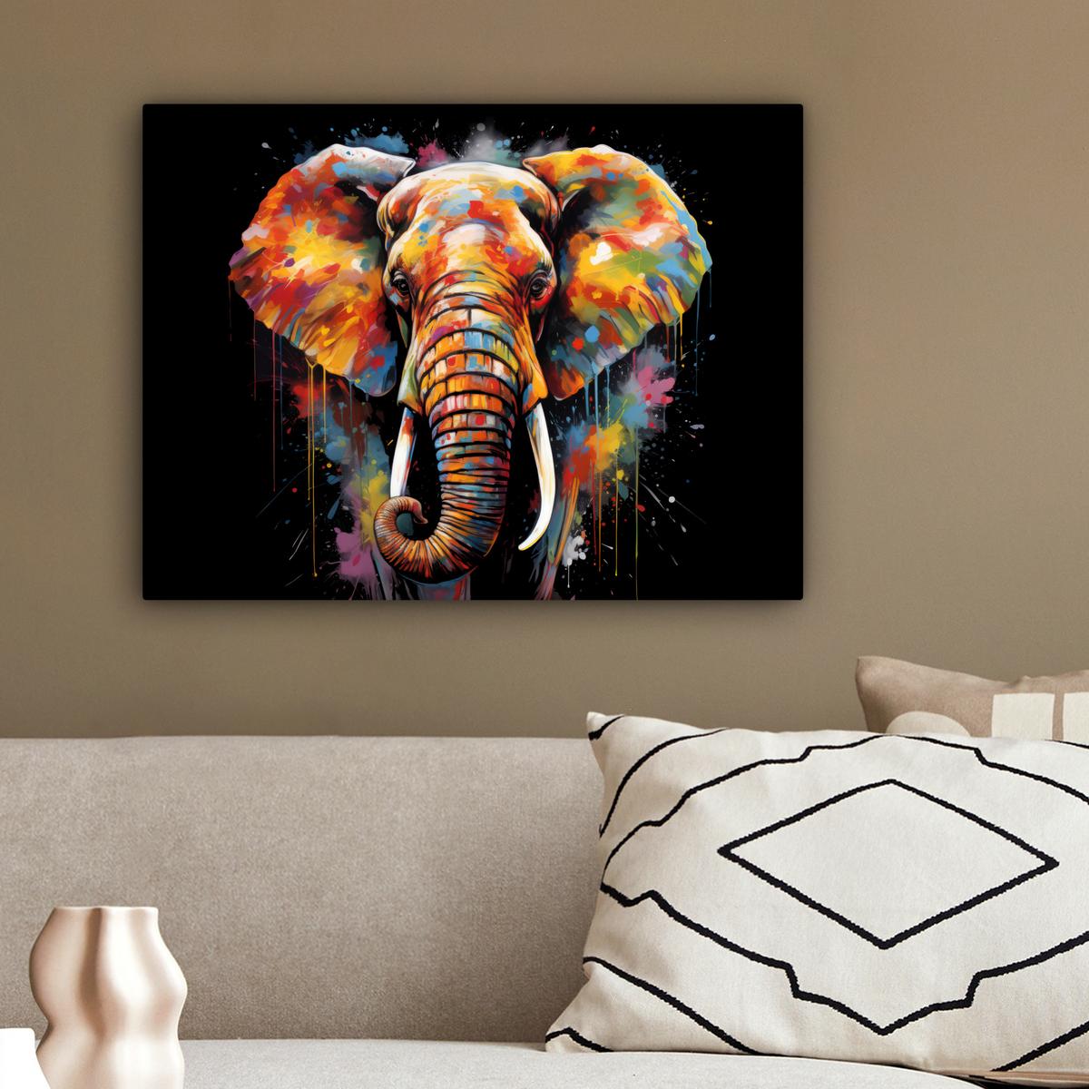 LEINWANDBILD Elefant - Graffiti - Schwarz - Tiere - Farben Wandbild 40x30 cm - Schwarz, Textil (40/30cm) - MuchoWow