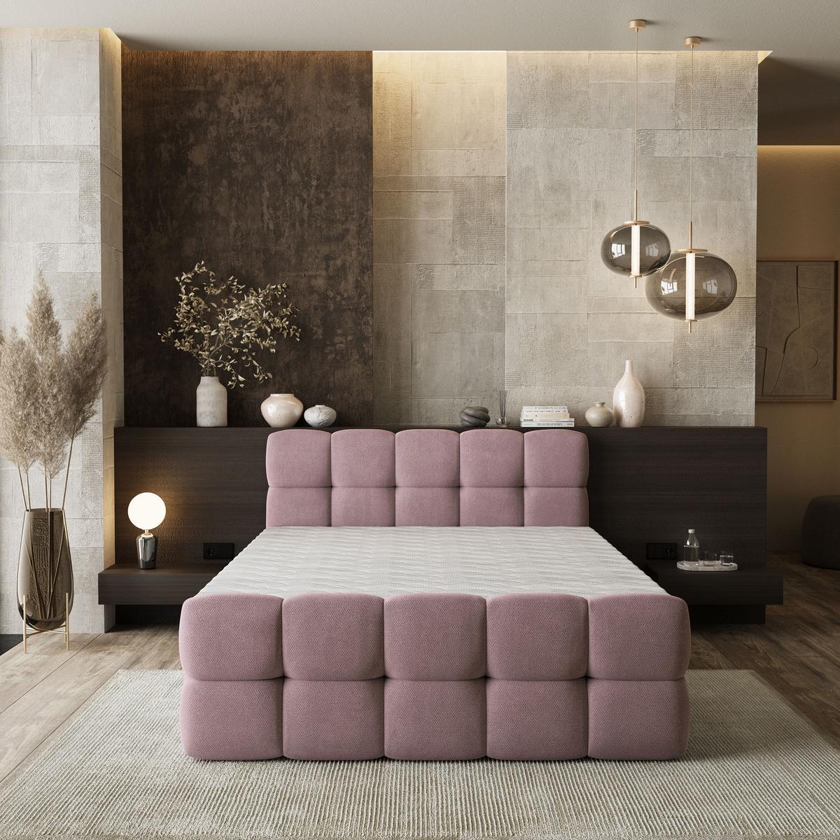 BOXBETT BRUME 200x200 cm mit Matratze und Topper, H2+H3 - Rosa - Rosa, Holz (200/200cm) - MASSENO