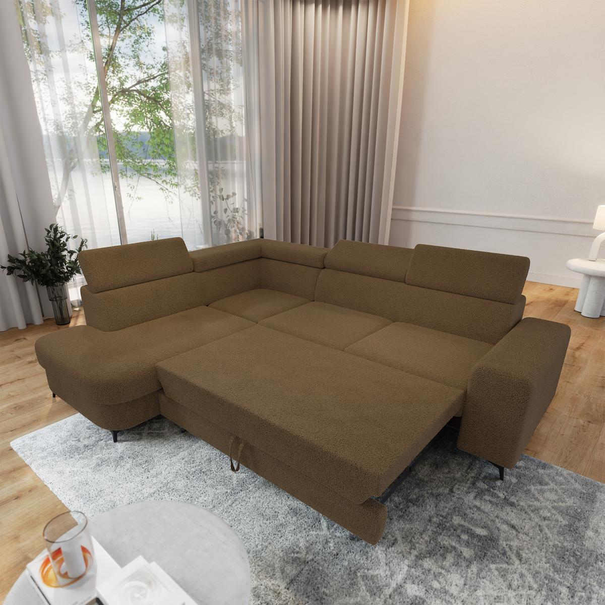 ECKSOFA ALVORO L-S Orange Boucle-Stoff mit Schlaffunktion - Orange, Holz (253/190cm) - MASSENO