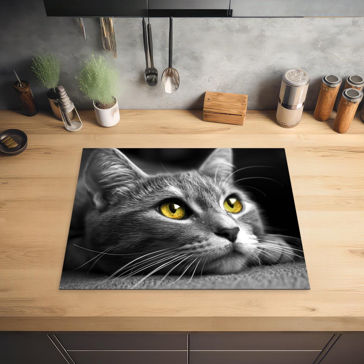 HERDABDECKPLATTE Katze - Grau - Tiere - Katze Herdabdeckung Induktionsfeld 65x52 cm - Grau, Kunststoff (65/52/0.2cm) - MuchoWow