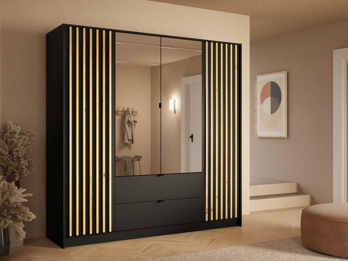 DREHTÜRENSCHRANK SATREN 200/200,5/54,5cm 4-türig mit Spiegel Schwarz - Schwarz/Eiche Artisan, Holzwerkstoff (200/200.5/54.5cm) - MASSENO