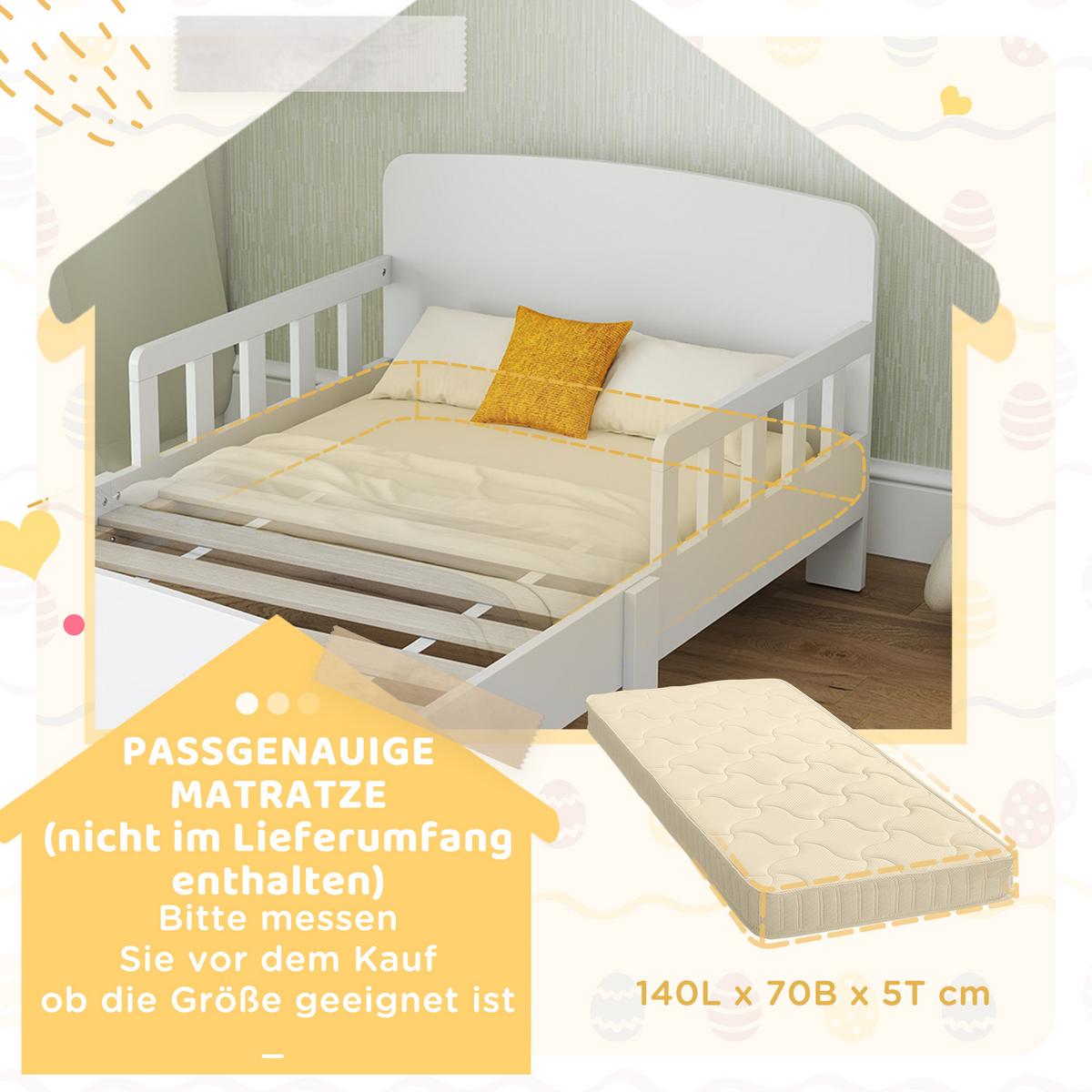 KINDERBETT, Kleinkindbett mit Rausfallschutz, Lattenrost, 143,5 x 74,2 cm Weiß - Weiß, Holzwerkstoff (70/140cm) - AIYAPLAY